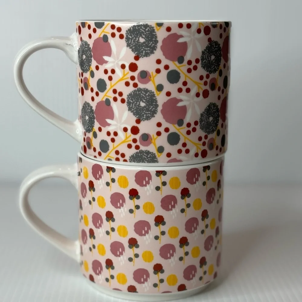 Set Of 2 Coco & Lola Large Coffee Mugs Pink Floral And  Polka Dot Ceramic Set
